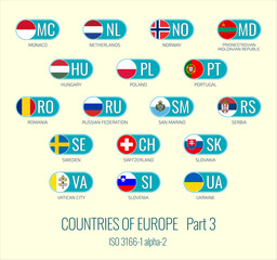 Set of vector illustrations of of ISO 3166 1 alpha 2 and flags of the European Union countries. Part 3.
