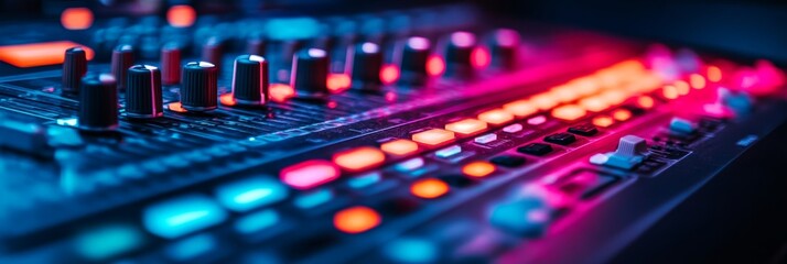 Fototapeta premium Professional Audio Mixing Console with Faders and Knobs illuminated with Colorful Lights
