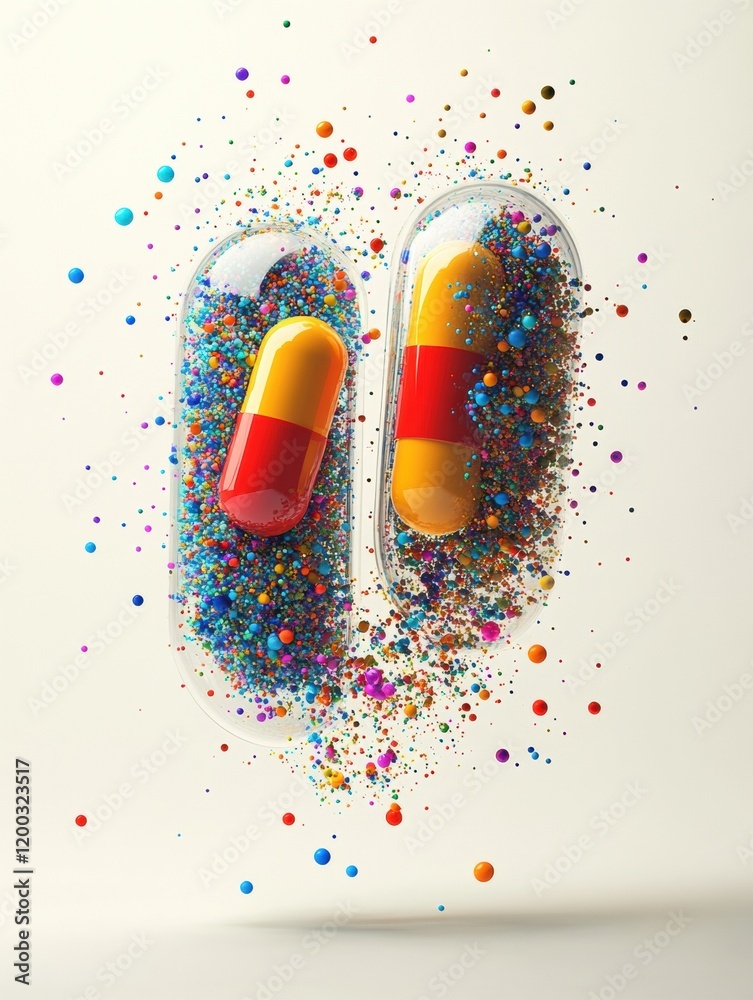 Aufkleber Colorful particles and split capsule create a vibrant visual display in a modern setting. Generative AI