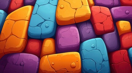 Colorful abstract stones in vibrant hues of orange, purple, and blue on a textured background.