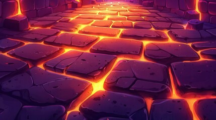 Obraz premium A vibrant cartoon depiction of a stone pathway with glowing lava cracks, set in a mystical environment.