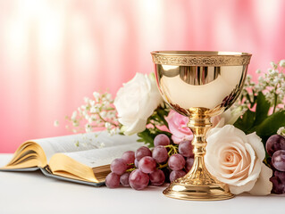 Holy Communion Composition. Golden chalice with grapes, open Bible, and white flowers on a light blurred background. Copy space.