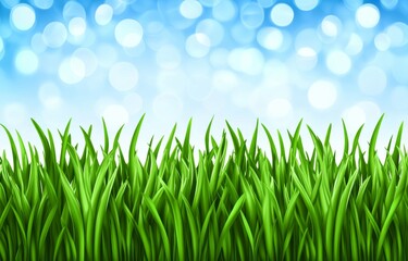 Fototapeta premium In a natural spring garden, the scene is bathed in fresh green grass and a blurred blue sky
