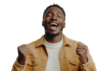 Portrait of delighted positive person closed eyes raise fists shout yeah isolated PNG


