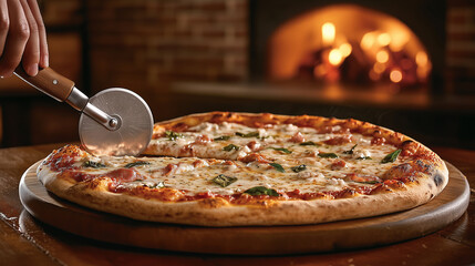 A golden-brown margherita pizza on a wooden board, with a chefâs hand using a pizza cutter to create perfect slices, the pizzeriaâs brick-lined walls adding to the rustic charm