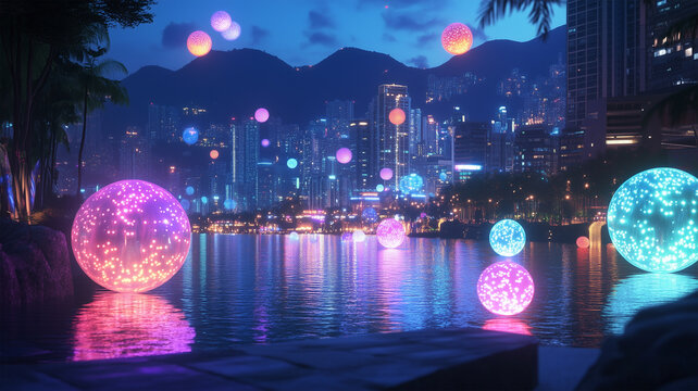 球体ドローンが夜空に輝く未来型ランタン祭り