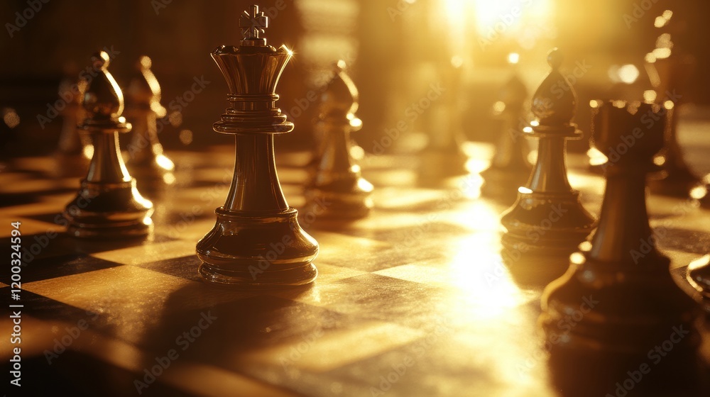 Poster chess pieces illuminated by warm sunlight during a strategic game in a cozy setting at dusk. generat