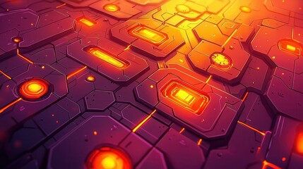 Futuristic abstract surface with glowing orange lights and intricate geometric patterns.