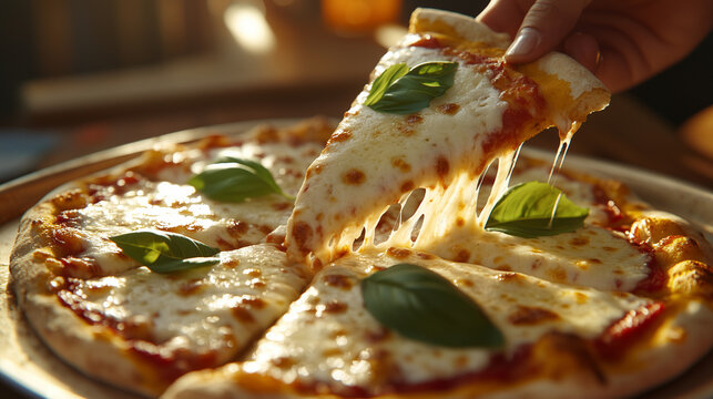 A heartwarming scene of friends enjoying a pizza together, with slices being lifted from the tray, the cheese pulling and fresh basil leaves scattered over the golden crust