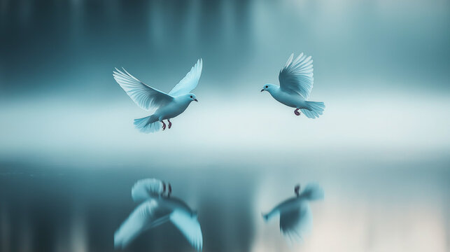 Fliegende Tauben spiegeln sich im ruhigen Wasser

