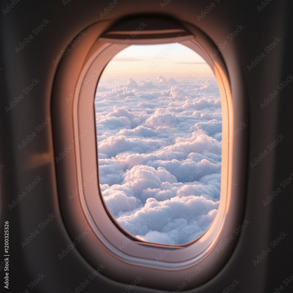 Poster A macro view of a first-class airplane window with a glass of champagne and a view of fluffy clouds under soft, ambient lighting