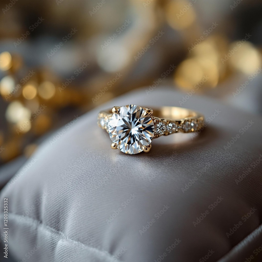 Aufkleber a macro view of a sparkling diamond ring resting on a silk cushion, surrounded by soft, blurred gold