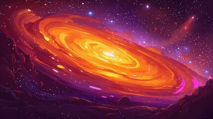 Obraz premium A vibrant swirling galaxy in space, showcasing bright orange and purple hues amidst stars and cosmic dust.
