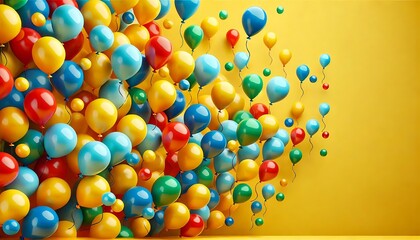 Bright yellow background with balloons in colors red, blue, and green floating diagonally across frame.