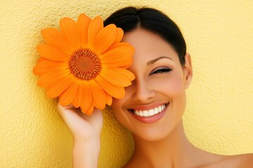 An elated young woman, looking up towards the void, is holding an orange gerbera daisy against her eye