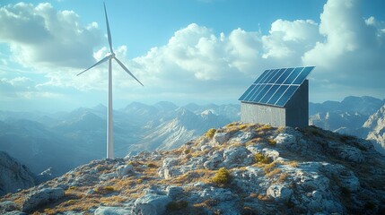 Wind Turbine and Solar Panels Power a Mountaintop Building Embracing Renewable Energy