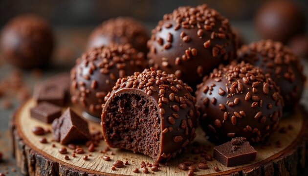Shiny chocolate brigadeiros rolled in sprinkles, close-up
