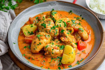 Chicken Paprikash. Hungarian cuisine. Meat stew.