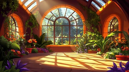 A vibrant greenhouse filled with diverse plants and flowers, illuminated by sunlight.