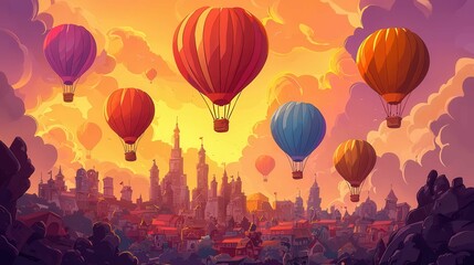 Fototapeta premium Colorful hot air balloons over a vibrant sunset cityscape with a variety of architectural styles.