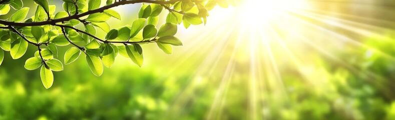 Obraz premium Banner featuring fresh green leaves in a spring backdrop, embodying the concept of new life and nature