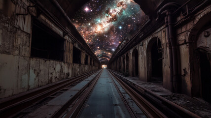 廃工場のベルトコンベアが星空を映し出す不思議な空間