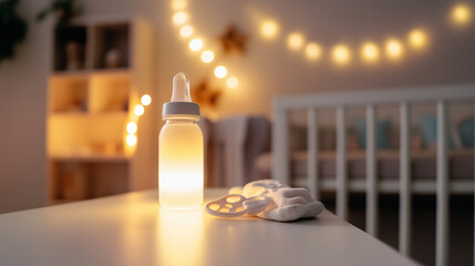 A close-up of a baby bottle filled with milk and two pacifiers on a minimalist table, the nursery featuring soft colors, a glowing nightlight, and calming decor