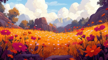 A vibrant valley filled with colorful flowers and majestic mountains in the background.