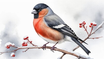 Bullfinch perched gracefully on a snow-covered branch during winter, surrounded by vibrant red berries