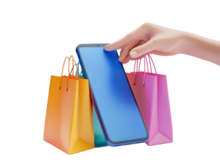 Isolated Hand Touching Smartphone with Shopping Bags
