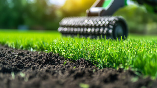 A focused shot of a garden roller aerator moving across the lawn, the spiked blades sinking into the ground, leaving a neat pattern of holes for better root aeration