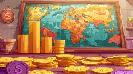 A vibrant 2D animation depicting a colorful world map with coins and charts, representing finance and global economy.