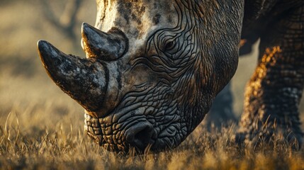 Fototapeta premium Rhino grazes in grass, trees in the distant, sun-bathed background, suitable for nature or wildlife use