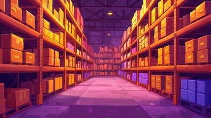 A vibrant animated warehouse interior filled with colorful stacked boxes and shelves, highlighting a storage area.
