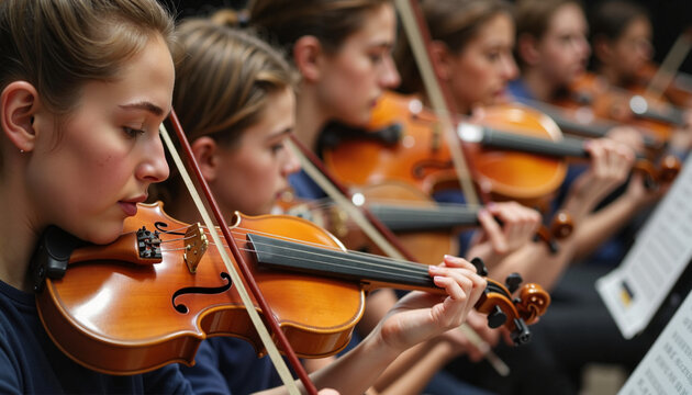 Young musicians playing violins in an orchestra rehearsal