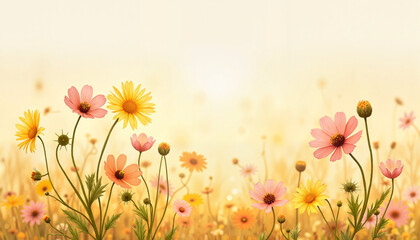 Fototapeta premium Colorful flowers blooming in golden sunlight