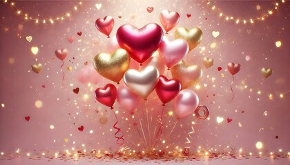 Obraz premium Soft pink backdrop with heart shaped balloons in gold, red, and white, surrounded by tiny confetti and elegant glowing fairy lights. Generative AI