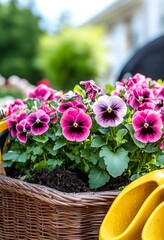 In the spring, tending to the garden and home by planting decorative flowers in pots with a wooden background, using a watering can, yellow rubber boots, and a rake with a shovel