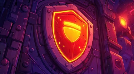 A vibrant shield emblem set against a textured purple stone background, showcasing a bold design and glowing features.