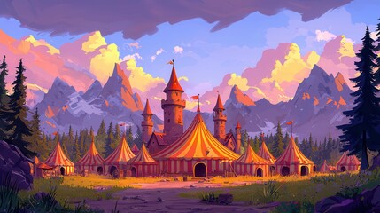 A vibrant medieval festival scene with a castle and colorful tents set against a mountainous backdrop.