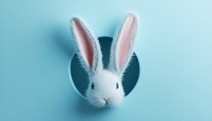 Obraz premium White rabbit ear on pastel blue background. Easter day