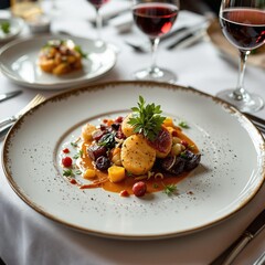 A cinematic shot of a perfectly plated gourmet meal on a white tablecloth, surrounded by elegantly placed cutlery and wine glasses