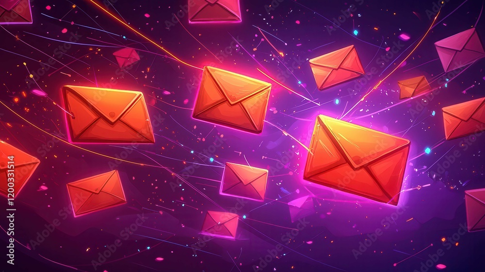 Poster colorful envelopes floating in a dynamic background, representing communication and messaging.