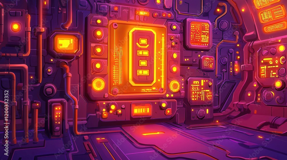 Poster futuristic control panel with glowing elements and intricate circuitry in a sci-fi setting.