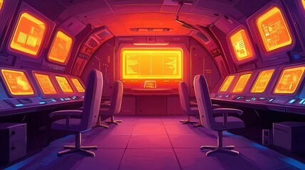 Futuristic control room with glowing screens and chairs in a sci-fi setting.