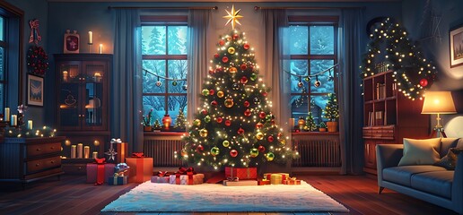 Cozy Christmas Eve living room, presents under tree, snowy night view. Festive card