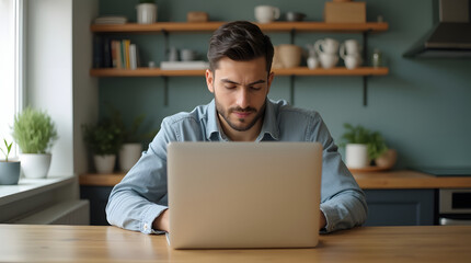 Young businessman manage business from home on remote, freelancer using laptop sit kitchen table on self-quarantine, work over personal growth, apply for online courses to learn new skills