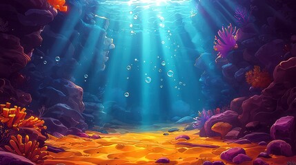 A serene underwater scene with colorful corals and rays of sunlight filtering through blue water.