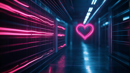 Neonherzen in futuristischer Umgebung mit reflektierenden Oberflächen

