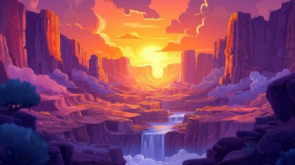A vibrant sunset over a canyon landscape, showcasing dramatic cliffs and a flowing river in a serene, picturesque setting.